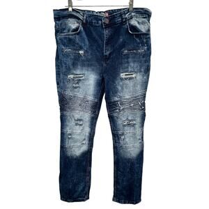 Lion Dynasty Jeans 36 Slim Fit Men Distressed Ribbed Knee Acid Wash Zip Fly